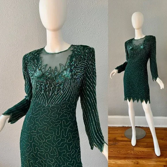Dresses | Vintage Green Art Deco Silk Beaded Long Sleeve Mini Party Dress M  | Poshmark